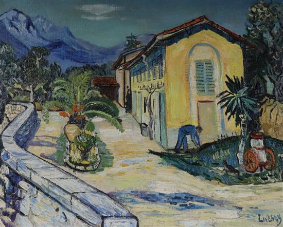 John Livesey (1926-1990), oil on canvas board, Spanish courtyard scene, signed and dated 56, 50 x 62cm